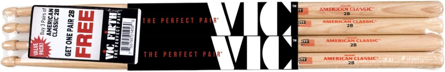 Vic Firth P2B3-2B1 American Classic Drum Stick Value Pack w/ 4 Pair, 2B Wood Tip (New)