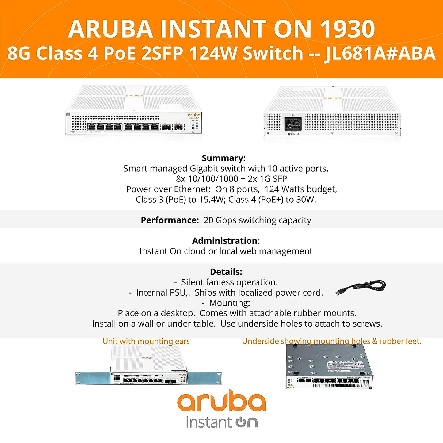 Aruba 1930 Instant On 8-Port PoE Gb Ethernet 8xGE, 2X 1G SFP & L2+ Smart Switch (Like New)