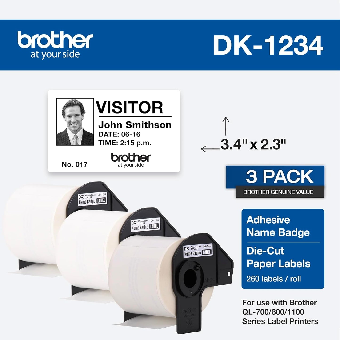 Brother DK-12343PK Die-Cut Name Badge Paper Labels, 3 Rolls - White (Like New)