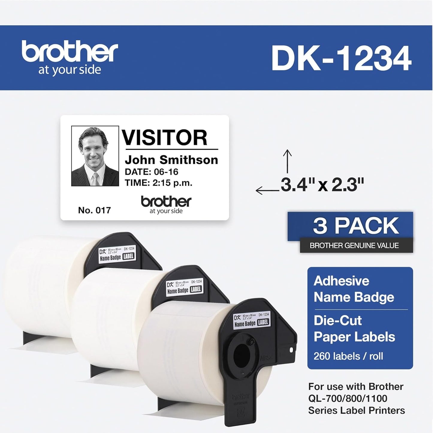 Brother DK-12343PK Die-Cut Name Badge Paper Labels, 3 Rolls - White (Like New)