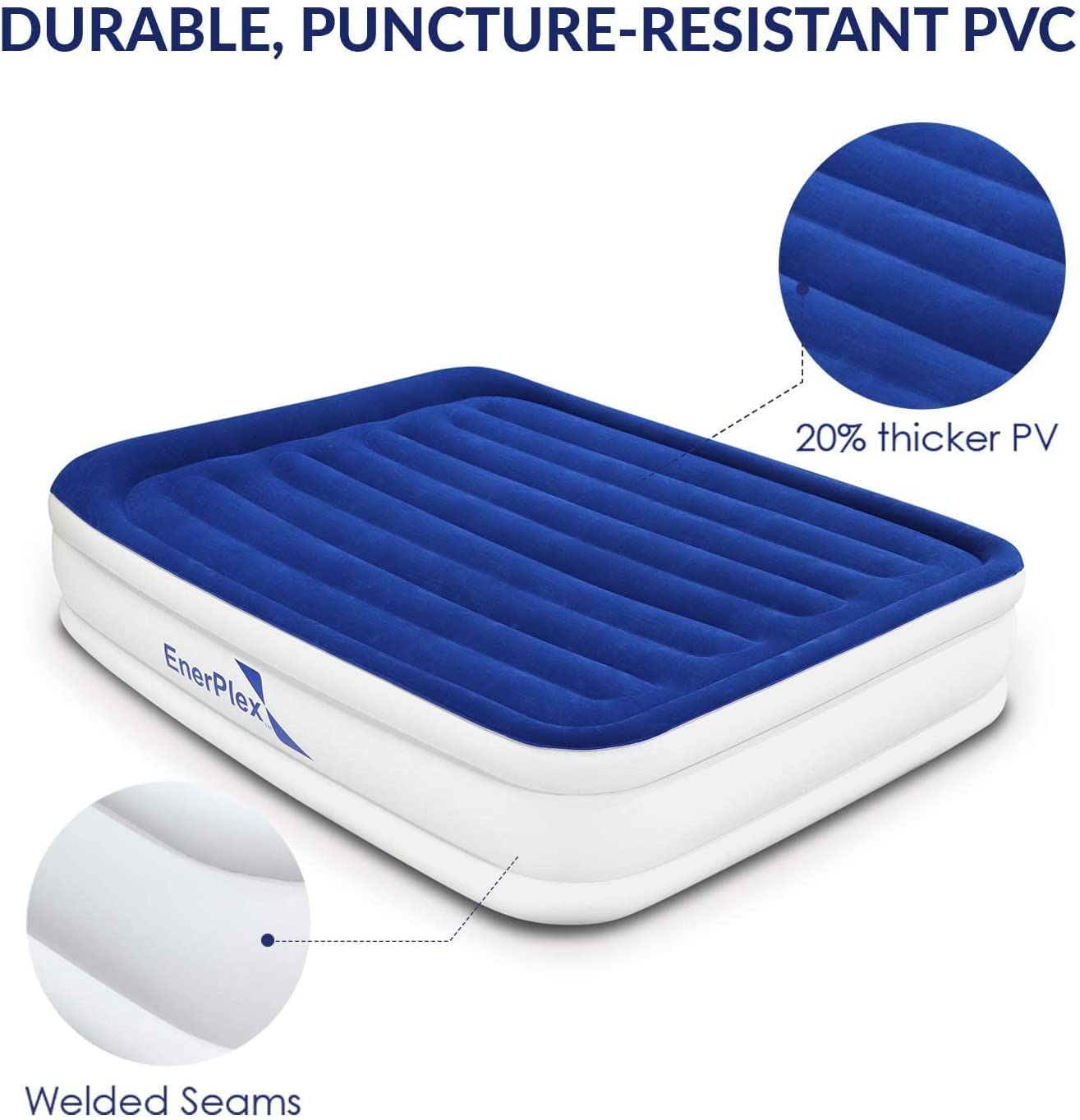 EnerPlex 13" Inflatable PVC Air Mattress w/Pump for Camping, Twin - Blue/White (New)