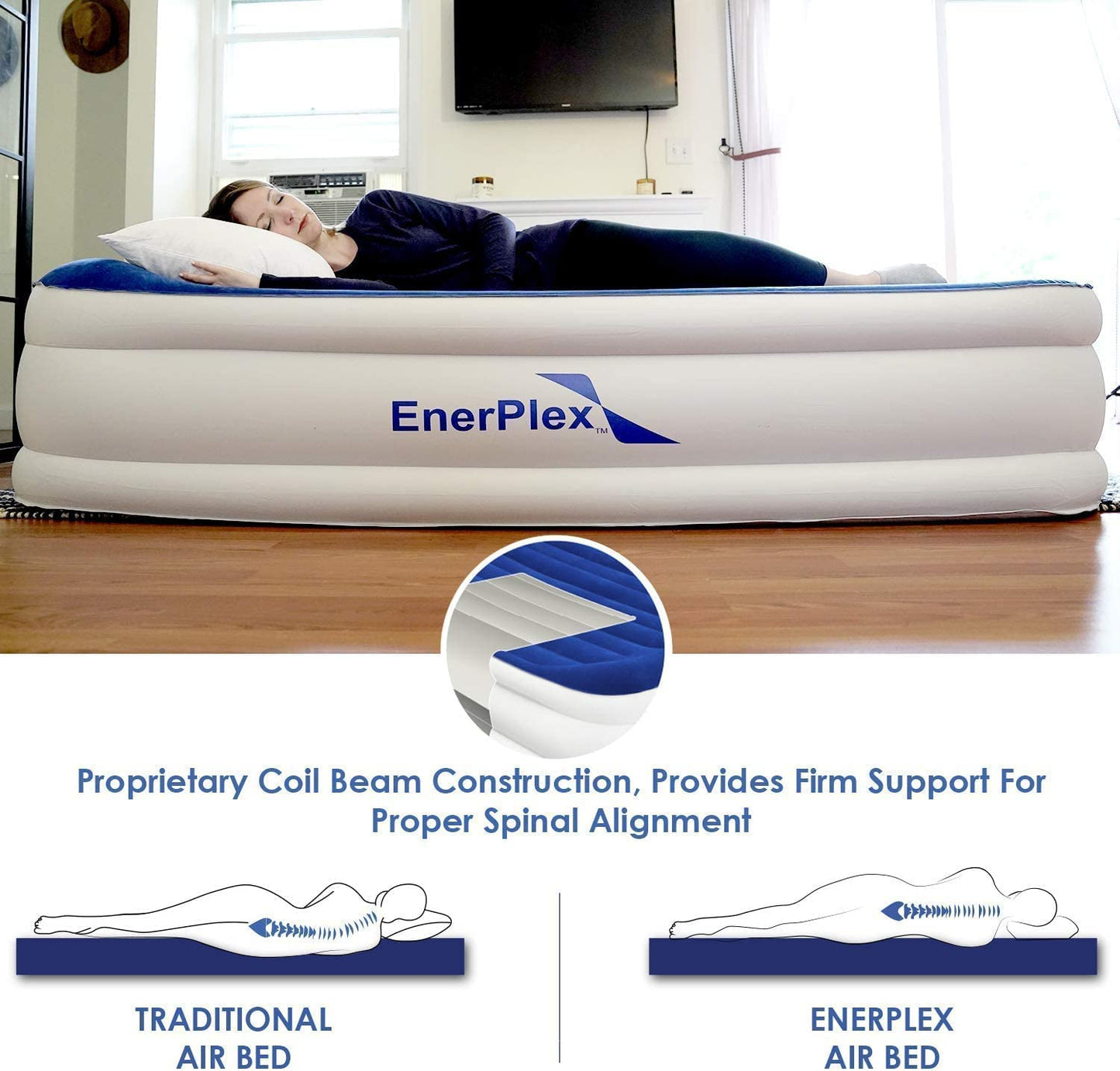 EnerPlex 13" Inflatable PVC Air Mattress w/Pump for Camping, Twin - Blue/White (New)