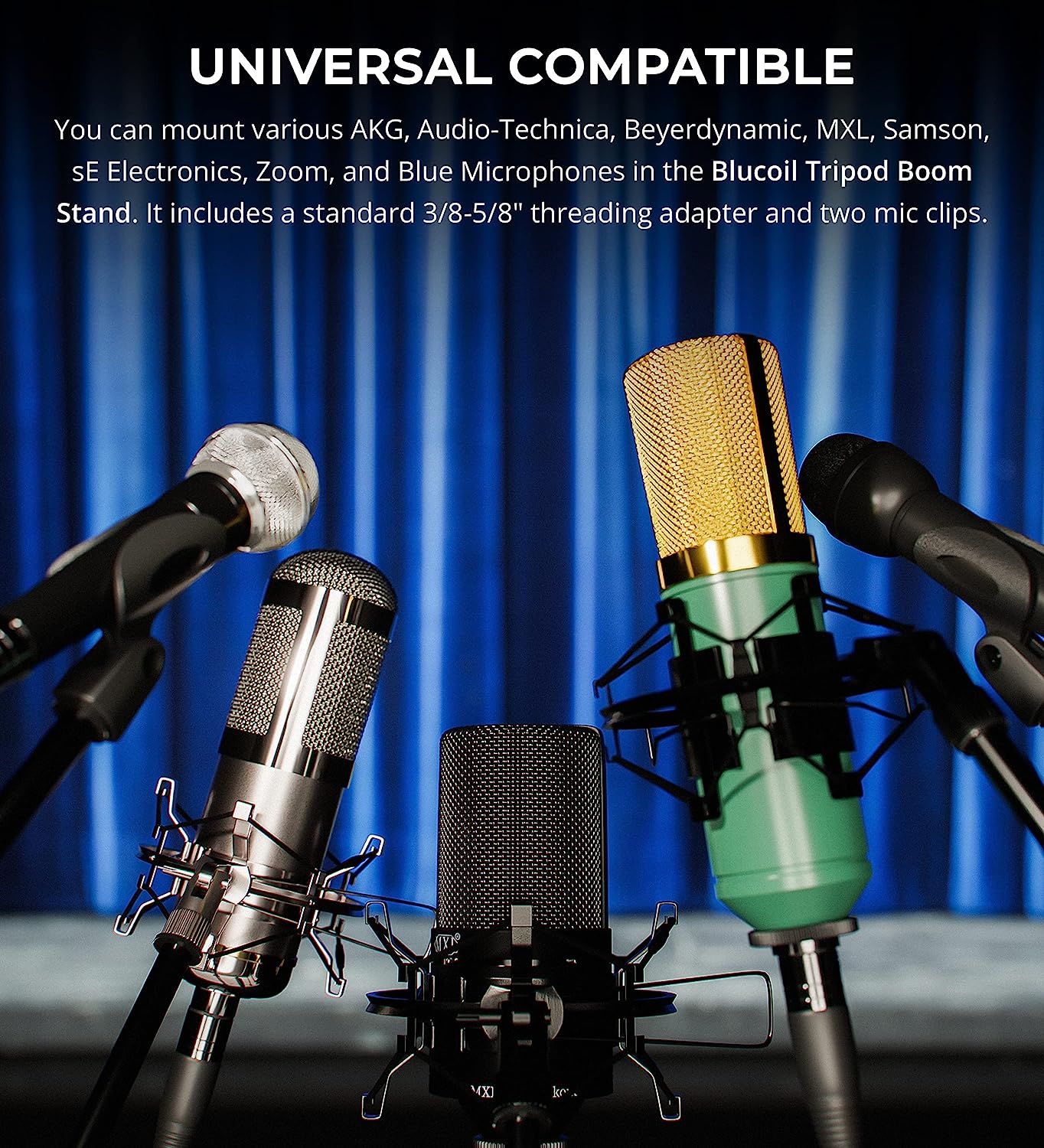 Blucoil Adjustable Microphone Stand, Rotating Arm, Tripod Base, Dual Mic Clips (New)