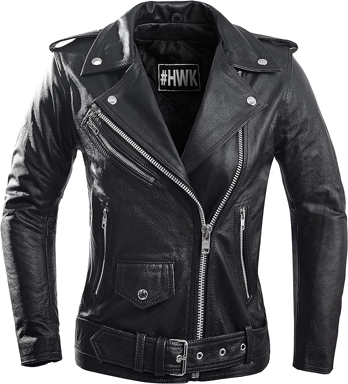 HWK Women's Brando Leather Water Resistant Motorcycle Jacket, X-Large - Black (Like New)
