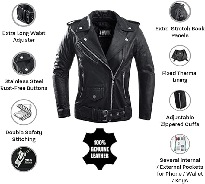 HWK Women's Brando Leather Water Resistant Motorcycle Jacket, X-Large - Black (Like New)