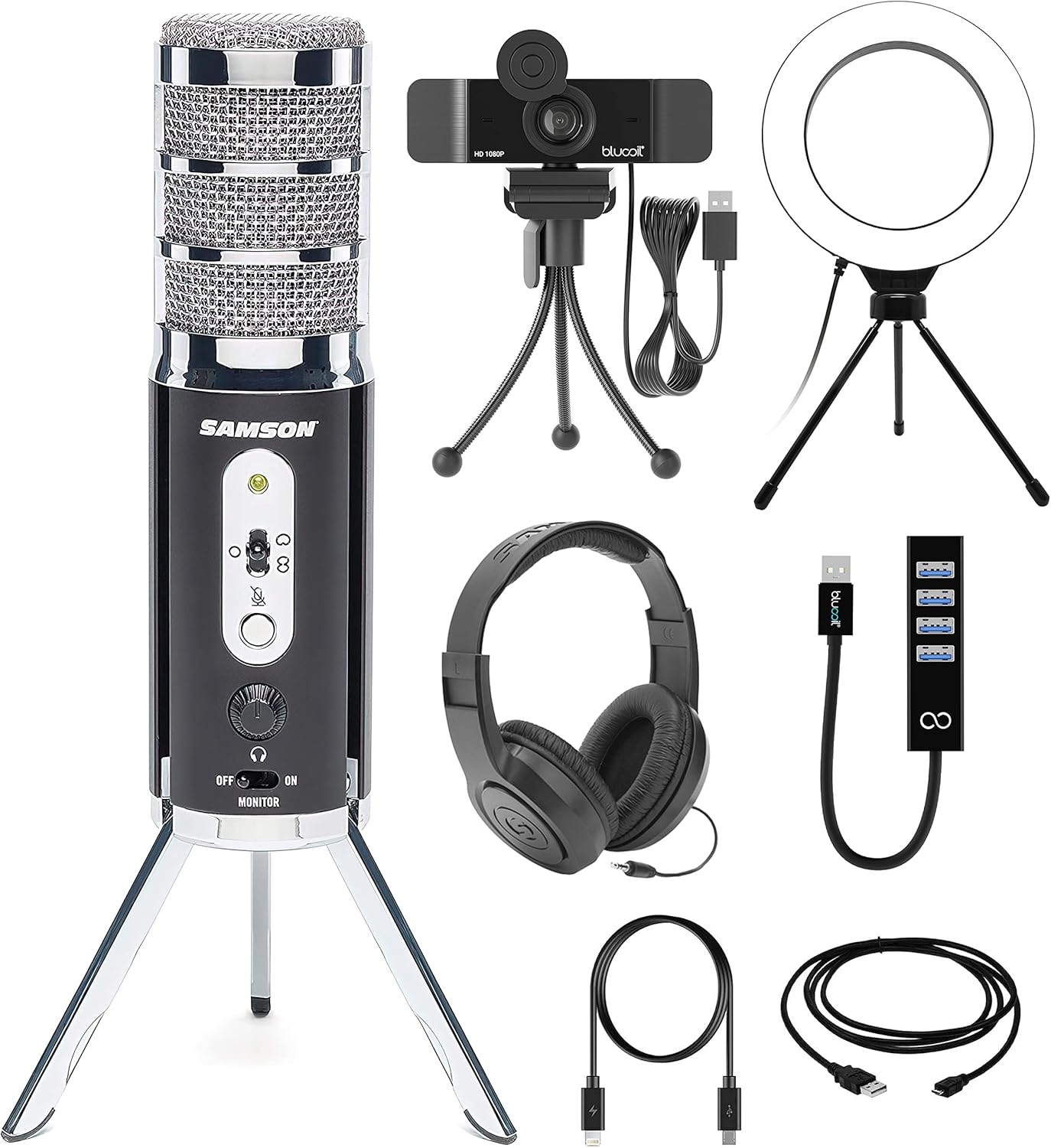 Samson Broadcast Microphone with 6" Ring Light, Webcam, Hub & SR350 Headphones- (Like New)