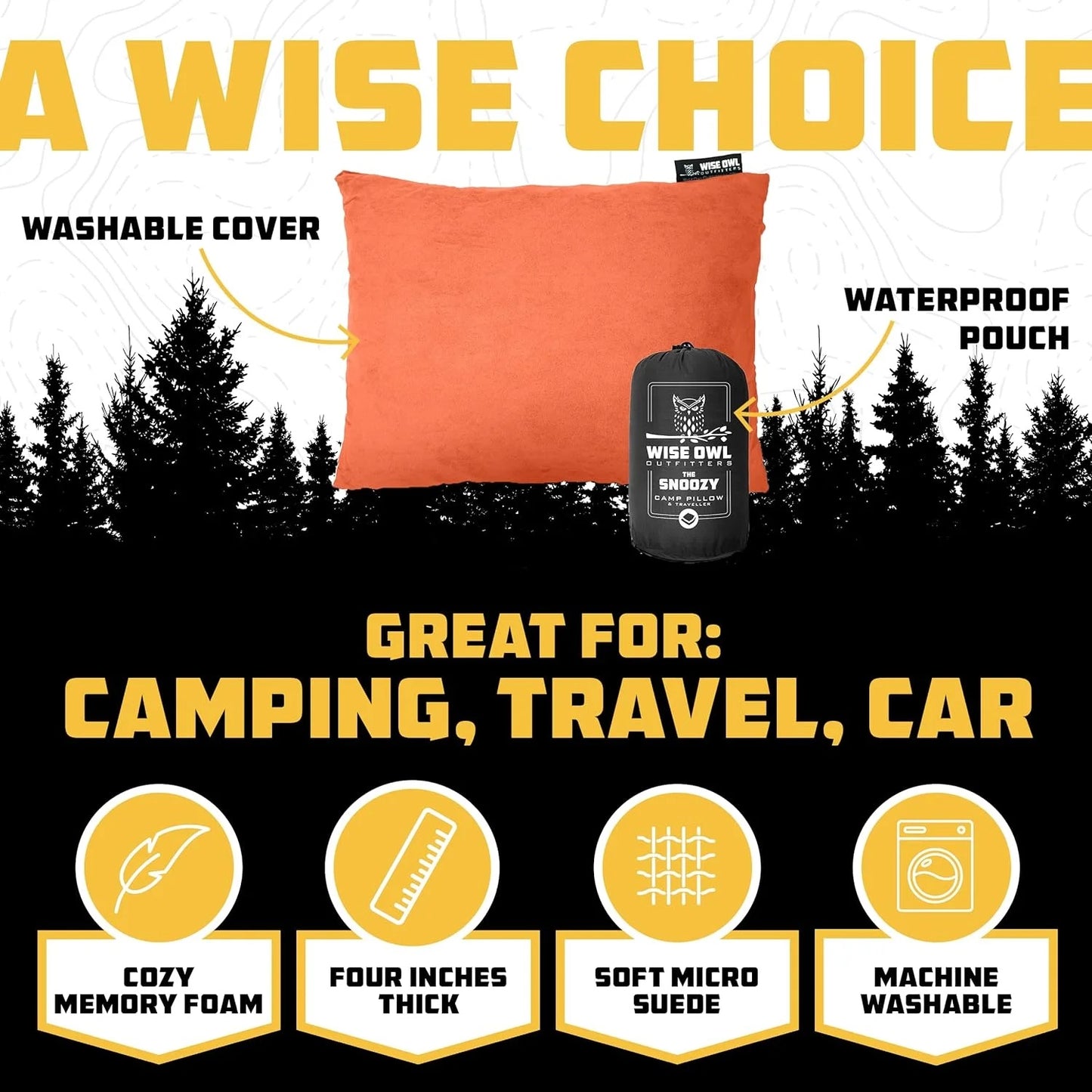 Wise Owl Outfitters Camping Essentials & Travel Washable Pillow, Medium - Rust- (Like New)