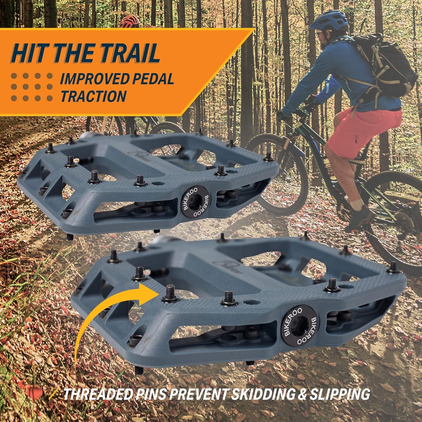 Bikeroo Nylon Mountain Bike Pedals - MTB Platform with Grip Pins, Navy, 9/16" (Used)
