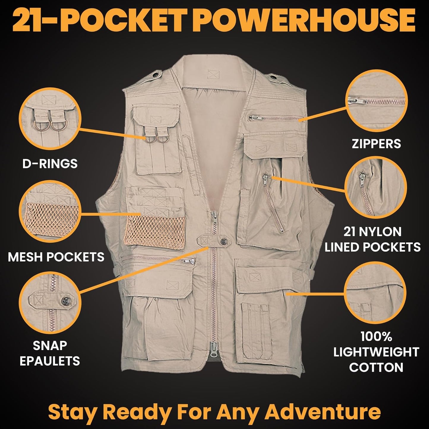 CAMPCO Humvee Photography Utility Vest w/ 21 Pockets for Camping & Travel, Khaki (Like New)