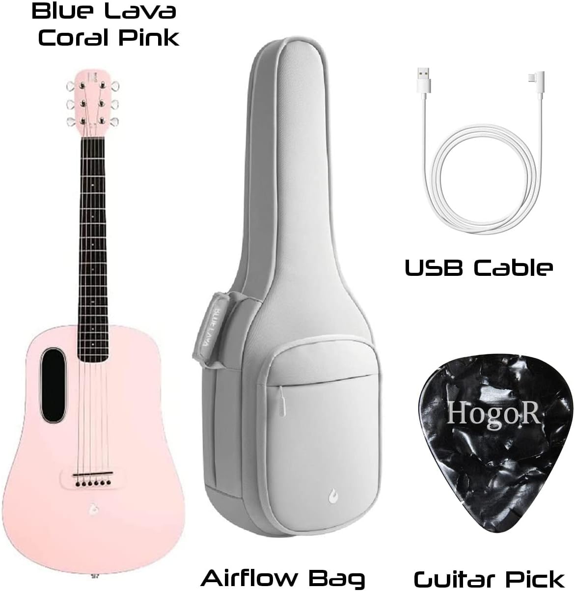 HogoR Blue Lava Touch 36" Right-Hand Smart Acoustic Electric Guitar, Coral Pink (Like New)