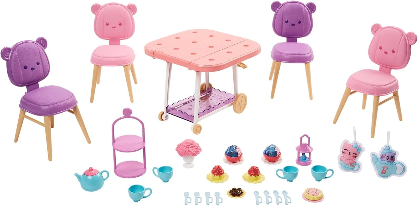Barbie Tea Party Plastic Toy Playset with 18 Storytelling Pieces for Preschooler (Like New)