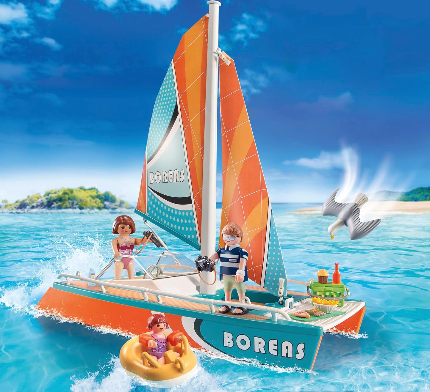Playmobil Catamaran Toys Boat Building Set with Animal Figures for Kids, 53 Pcs (Like New)
