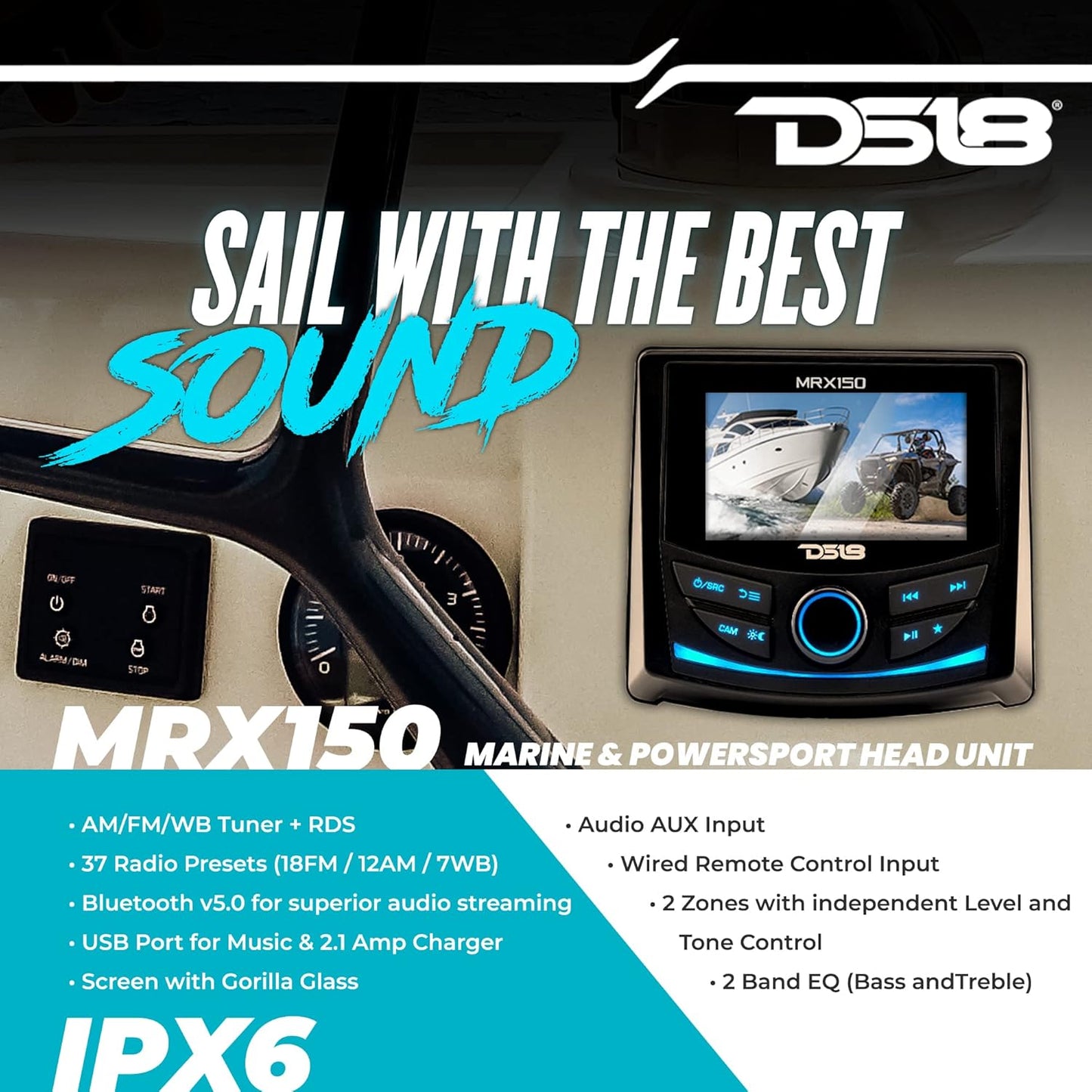 DS18 MRX150 50W 3" Color Display Marine and Powersports Head Unit - Black (Like New)