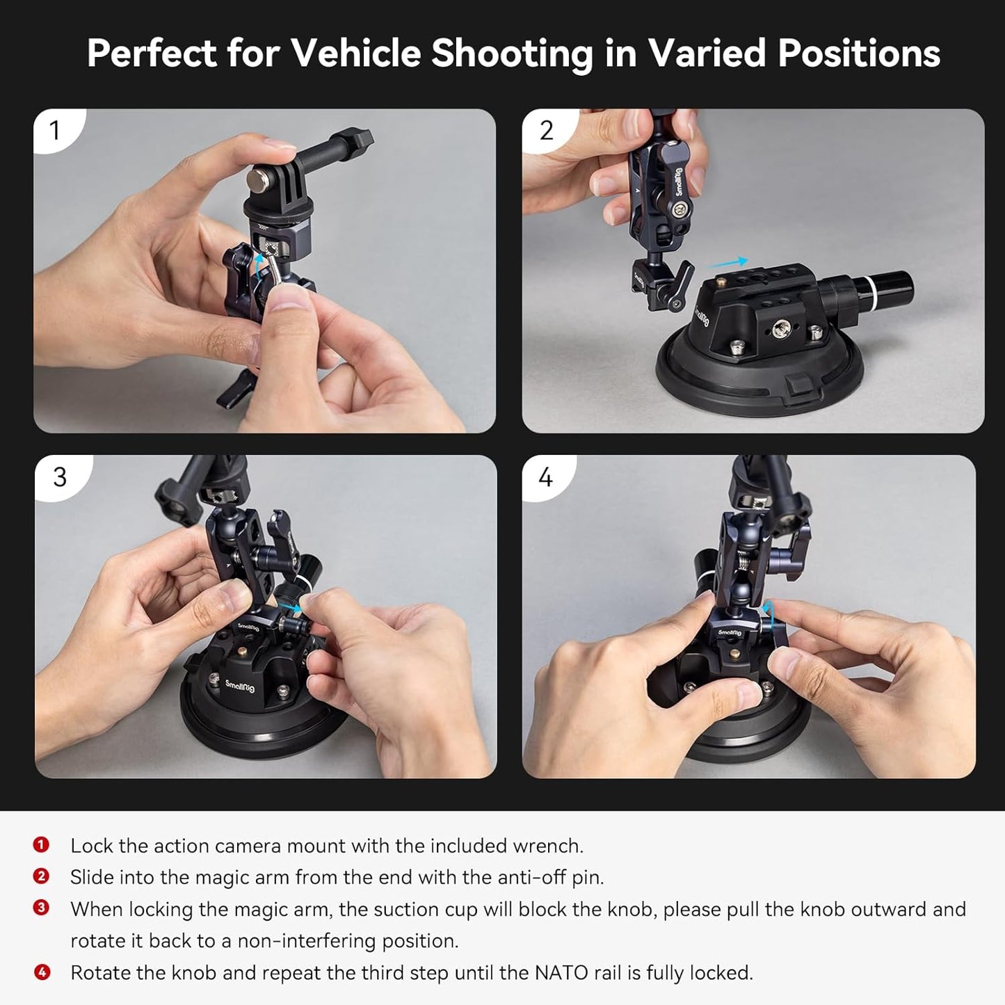 Smallrig Lightweight 4 Inches Camera Suction Mount w/ Ball Head Magic Arm, Black (Used)