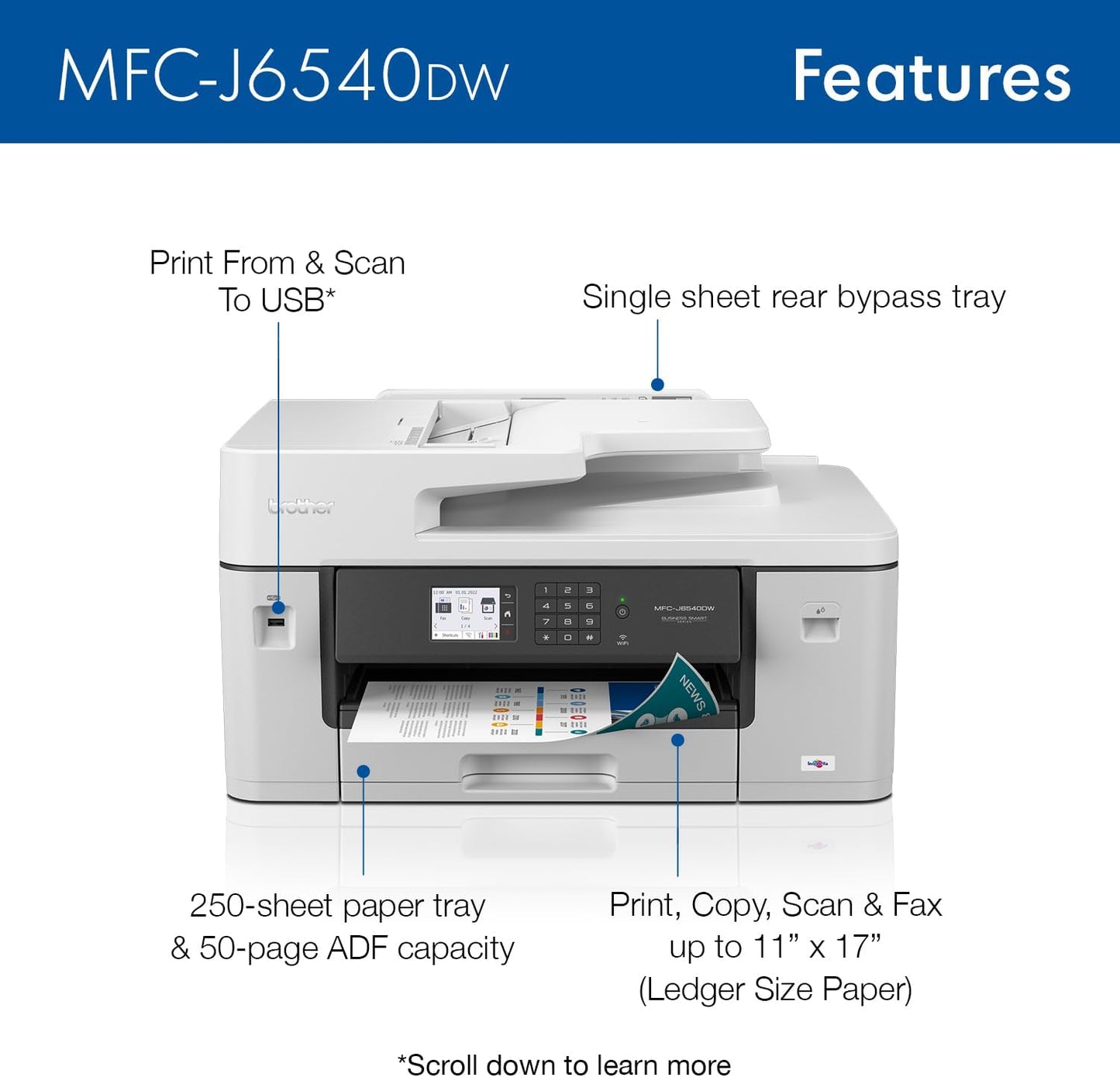 Brother Wide Format All-in-One Wireless Color Printer for Home and Office, White (Used)