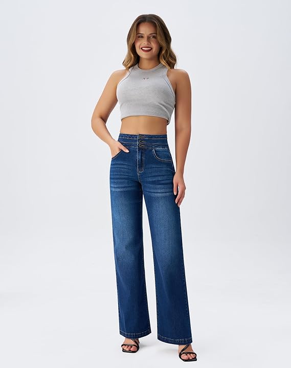 Roswear Wide Casual High Waisted Loose Denim Jeans for Women, Large Size - Blue (Like New)