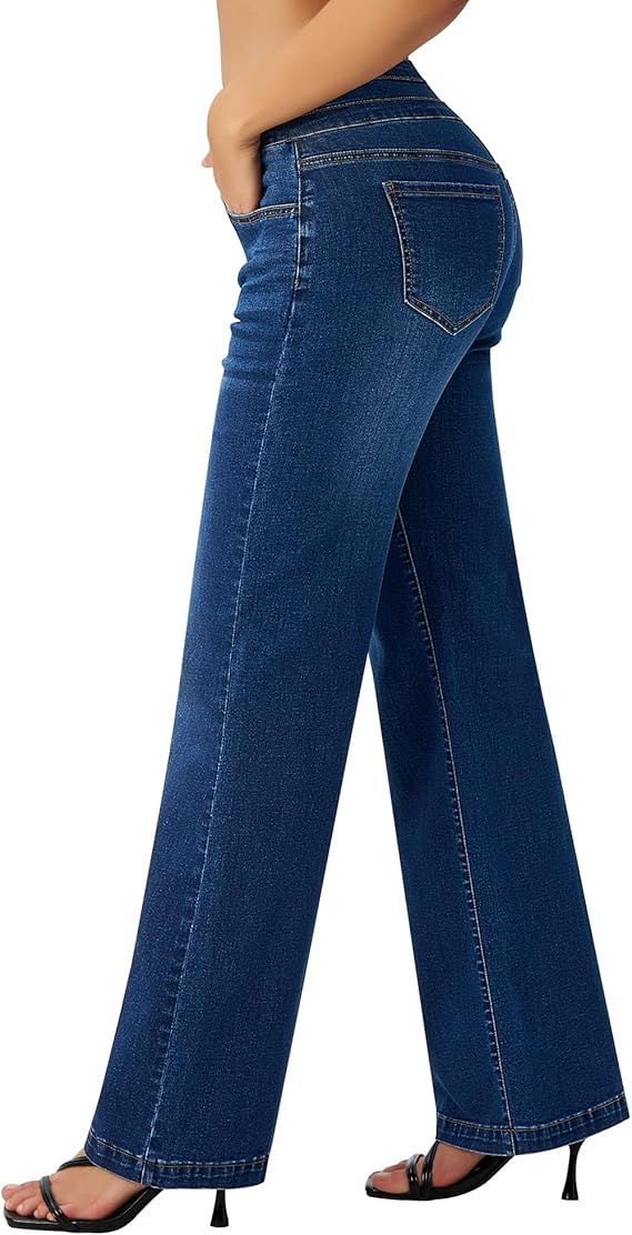 Roswear Wide Casual High Waisted Loose Denim Jeans for Women, Large Size - Blue (Like New)