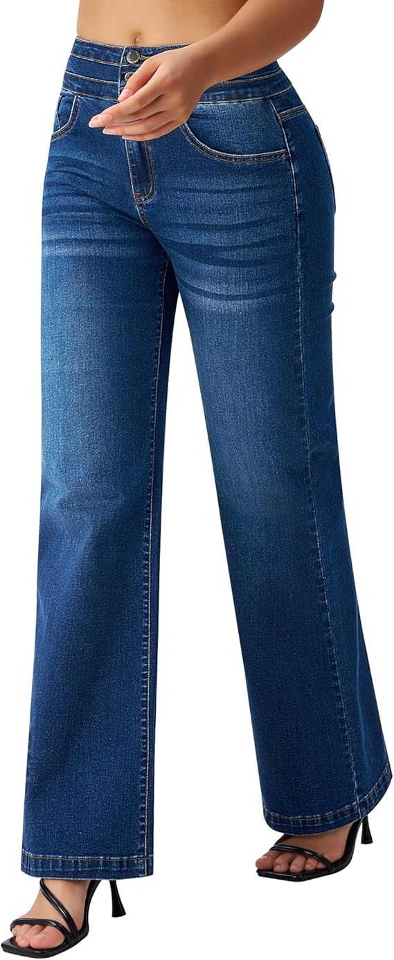 Roswear Wide Casual High Waisted Loose Denim Jeans for Women, Large Size - Blue (Like New)