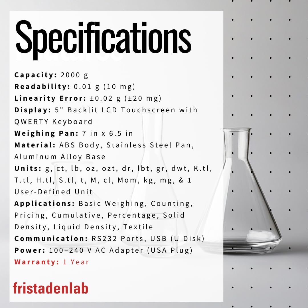 Fristaden Lab 2000Grams Touch Screen Analytical Balance for Lab Scale, Red/White (Like New)