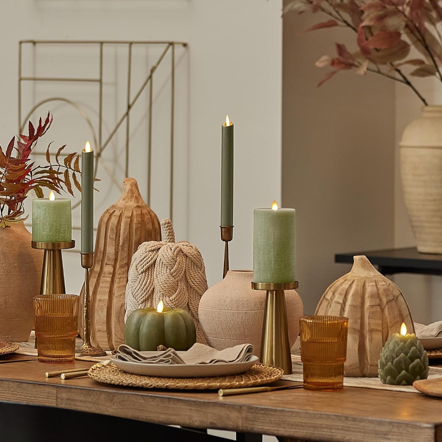 Luminara Pumpkin Figural Flameless Flickering Candle , 5.5" x 4.25", Loden Green (Like New)