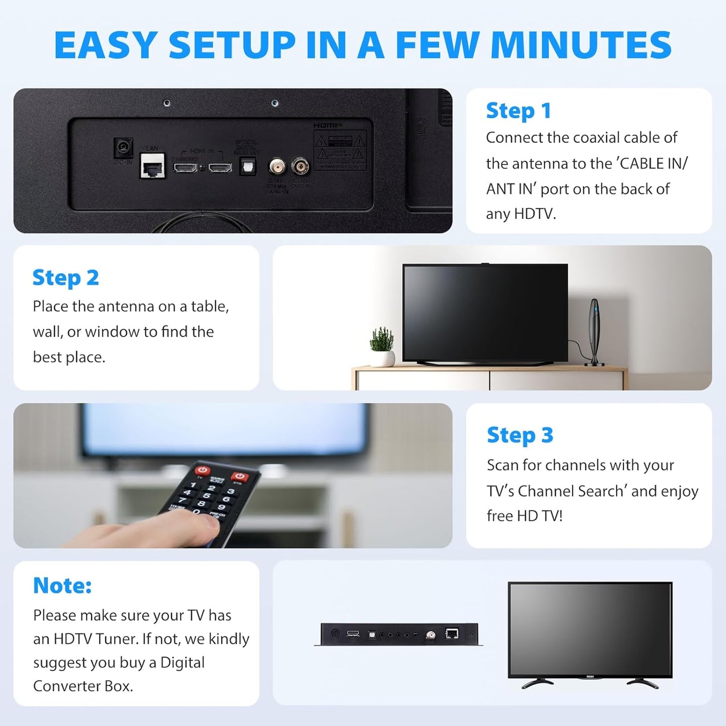 Qtbvae 300 Channels Long Range Reception HD Digital Antenna for Smart TV - Black (Used)