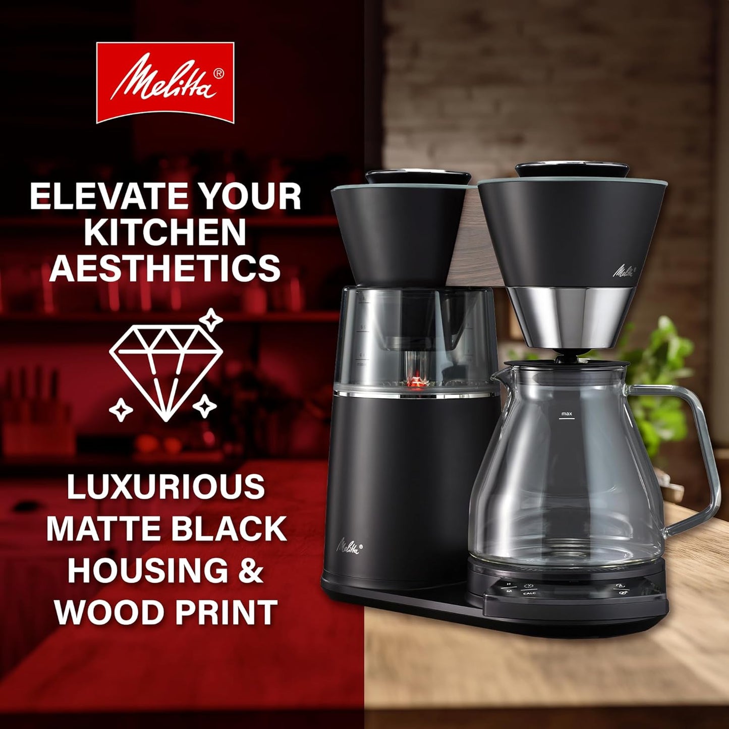 Melitta Vision 12-Cup Automatic Drip Coffee Machines, 1100W - Matte Black & Wood (Like New)