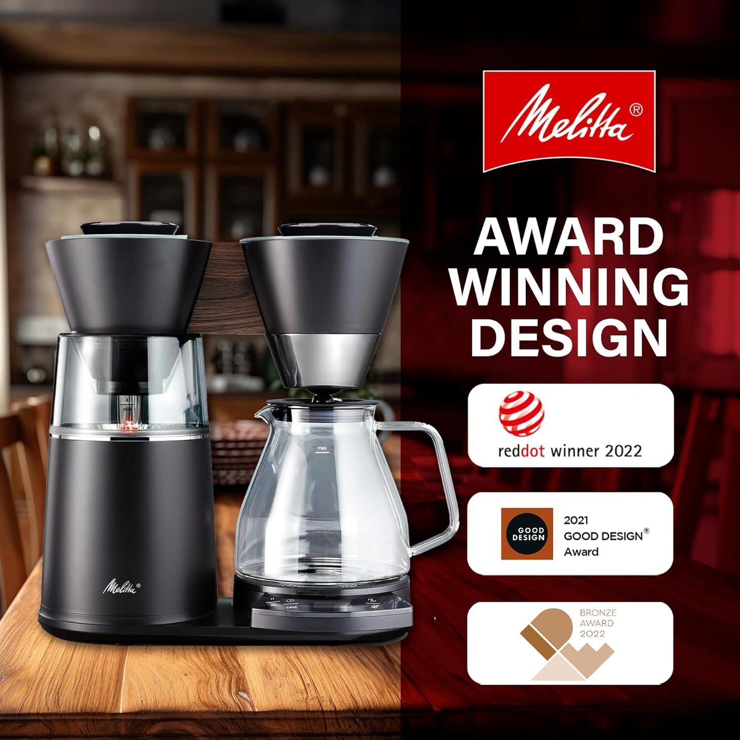 Melitta Vision 12-Cup Automatic Drip Coffee Machines, 1100W - Matte Black & Wood (Like New)