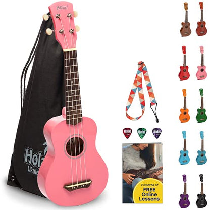 Hola! Music HM-21PK Soprano Ukulele Bundle, Canvas Tote Bag, Strap, Picks - Pink (Like New)