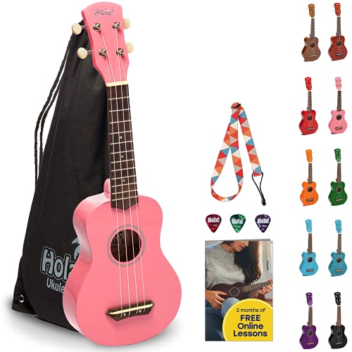 Hola! Music HM-21PK Soprano Ukulele Bundle, Canvas Tote Bag, Strap, Picks - Pink (Like New)