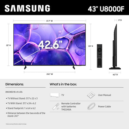 Samsung U8000F 2025 Remote Control Crystal UHD 43-Inch 4K LED Smart TV, 20 Watts (Like New)