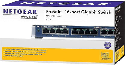 NETGEAR 16-Port Gigabit Ethernet Unmanaged Switch (GS116NA),PC/Wall Mount, Black (New)