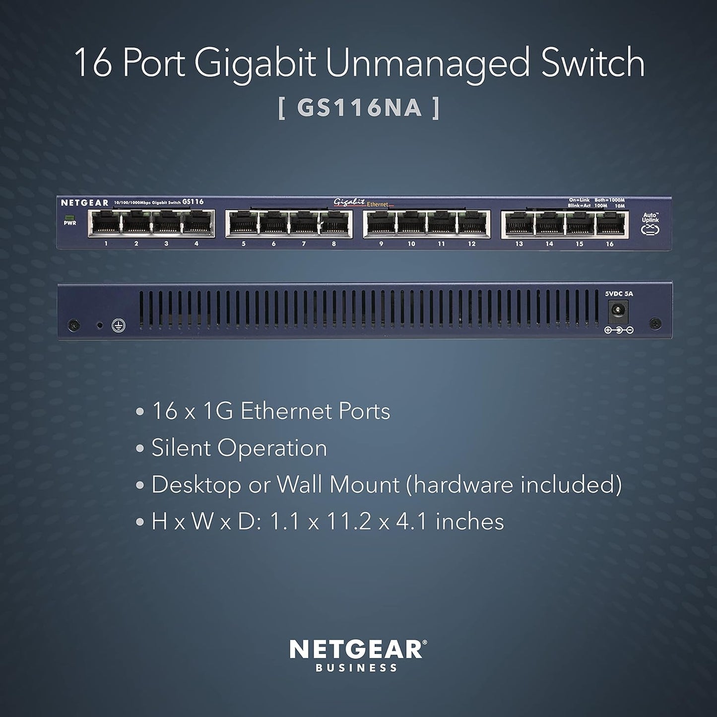 Netgear GS116NA 16-Port Gigabit Ethernet Unmanaged Switch -Desktop or Wall Mount (Like New)