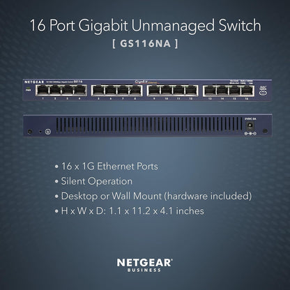 Netgear GS116NA 16-Port Gigabit Ethernet Unmanaged Switch -Desktop or Wall Mount (Like New)