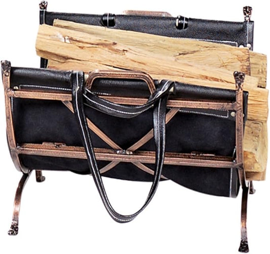 Uniflame Wrought Iron Log Holder with Black Leather Carrier - Antique Copper (Like New)