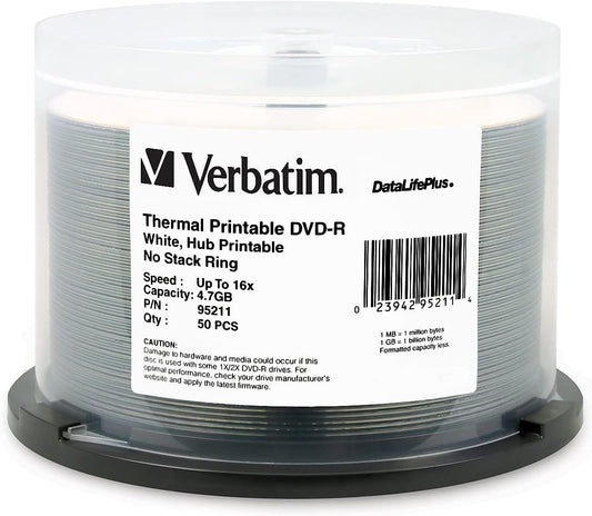 Verbatim DVD-R 4.7GB 16X DataLife+ Thermal Hub Printable - 50pk Spindle, White (New, Damaged Retail Box)
