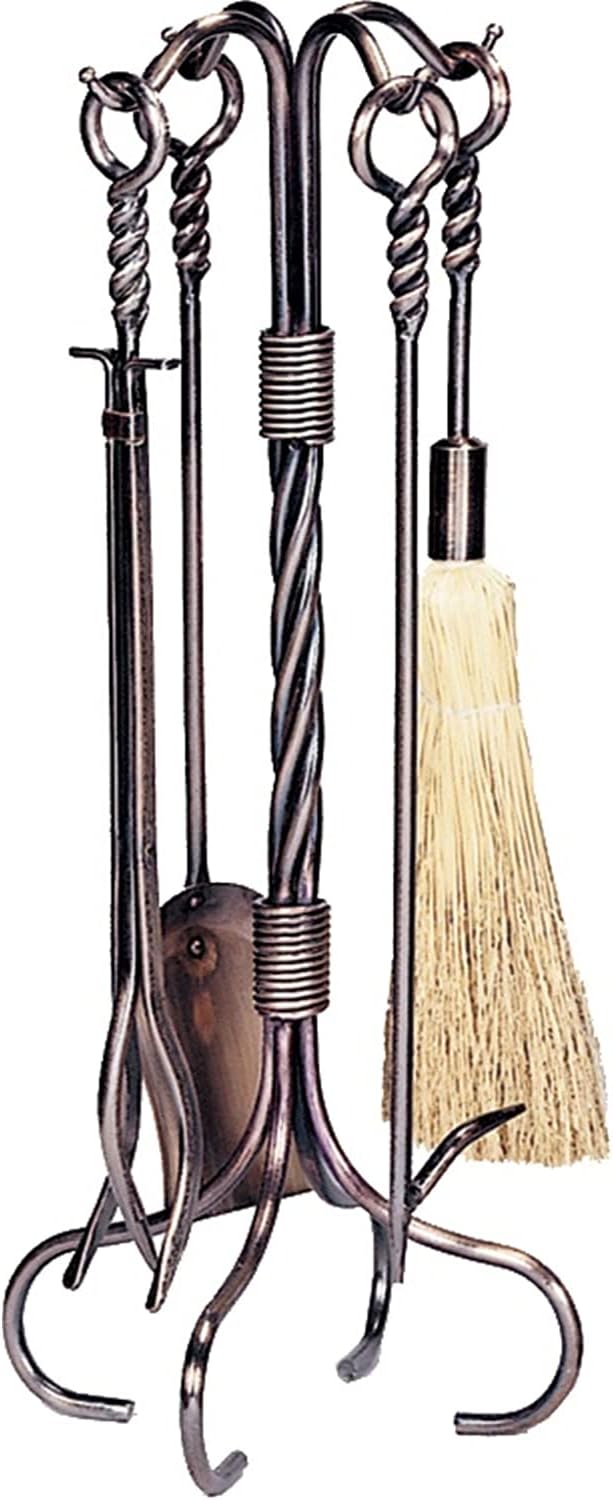 UniFlame F-1323 5-Piece Antique Copper Wrought Iron Fireplace Tools Set - Bronze (Like New)