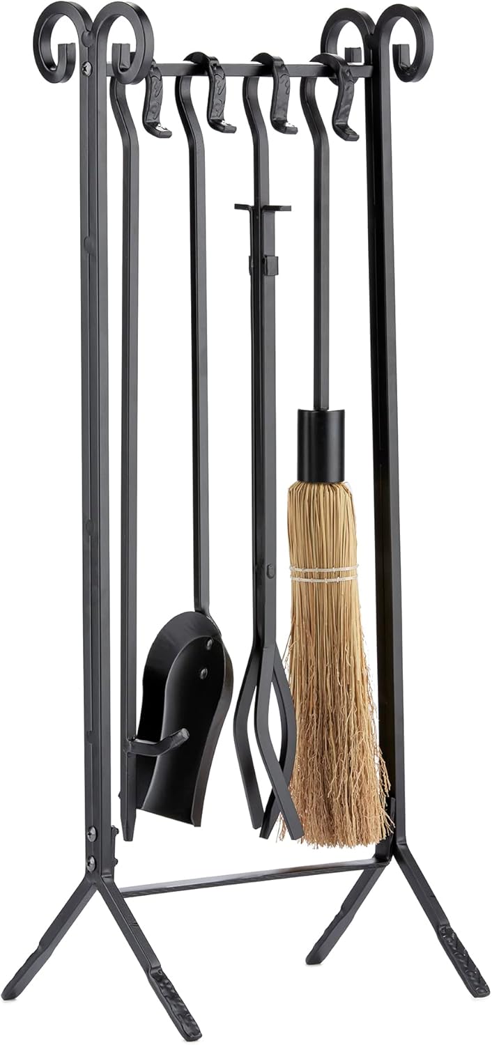 UniFlame F-1111 5pcs Compact Fireplace Steel Tool Set, Heavy Duty In-Line Stand (Like New)