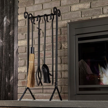 UniFlame F-1111 5pcs Compact Fireplace Steel Tool Set, Heavy Duty In-Line Stand (Like New)