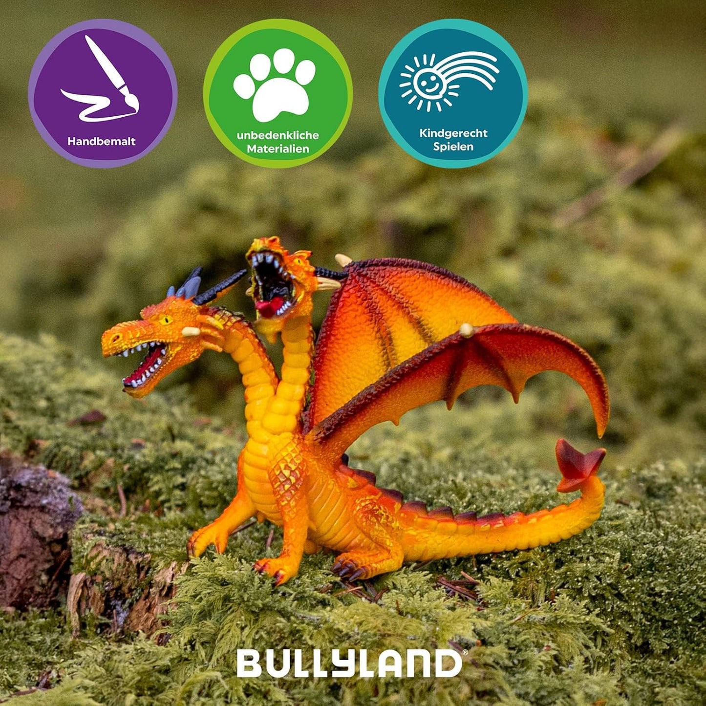 Bullyland 75598 Two-Headed Hand Painted Dragon Figure Animal Toy for Kid, Orange (Like New)