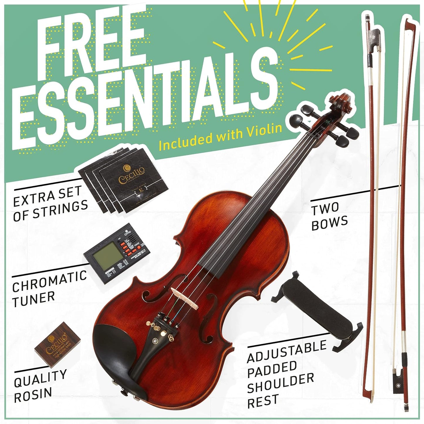 Mendini By Cecilio Violin MV500+92D for Beginner - 3/4 Size, Black Solid Wood (Used)