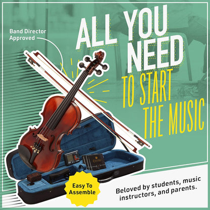 Mendini MV500+92D Violin w/Case, Tuner, Bow, Rosin, Bridge & String, 1/2 - Pearl (Used)