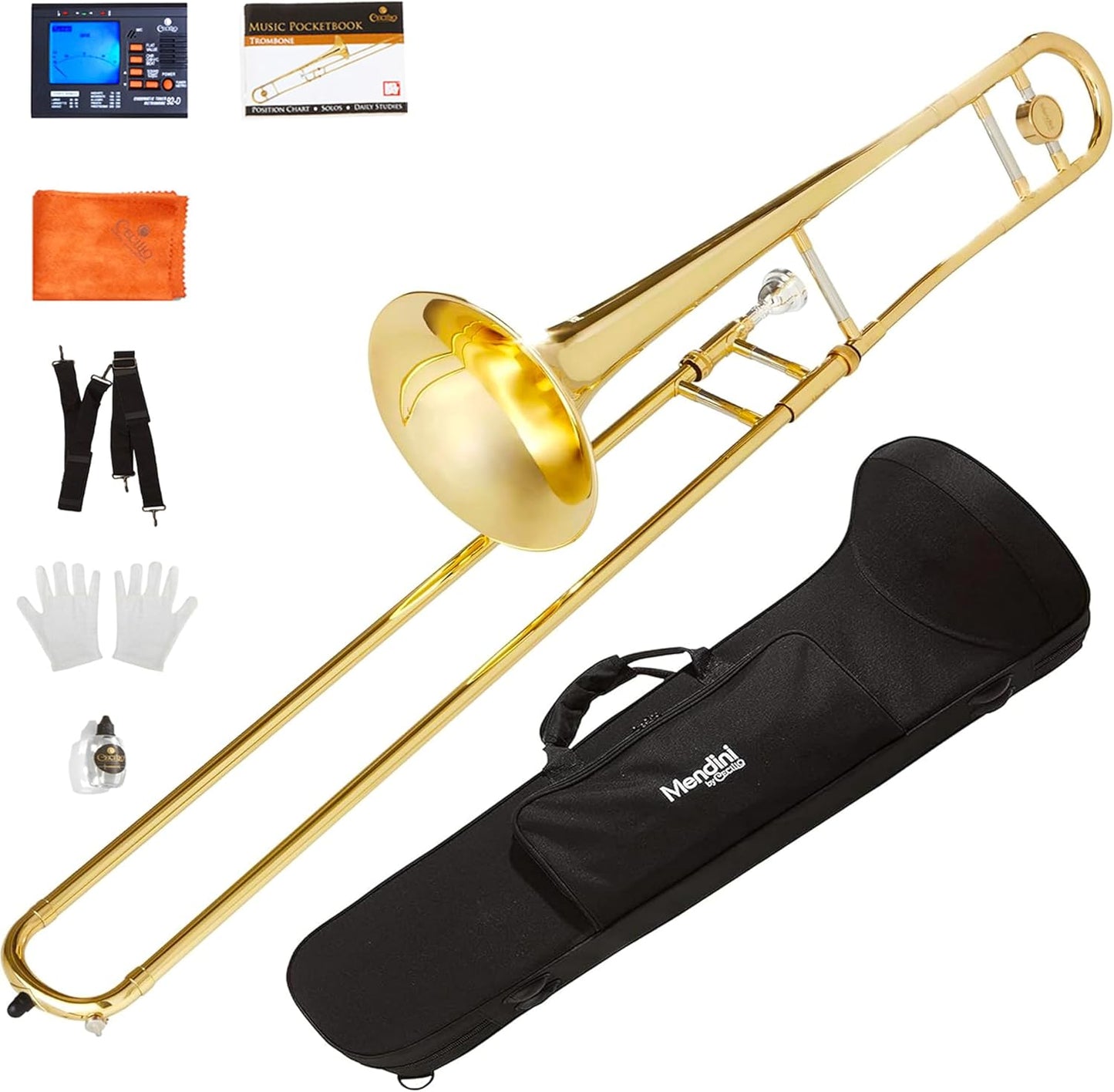 Mendini by Cecilio Trombone Kit, Bb Tenor Brass Instruments w/Case & Gloves (Like New, No Retail Box)