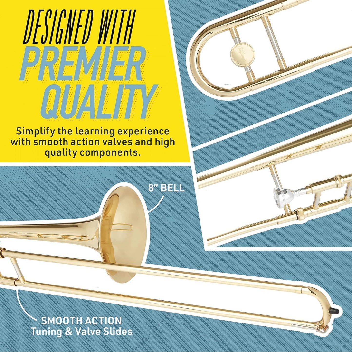Mendini by Cecilio Trombone Kit, Bb Tenor Brass Instruments w/Case & Gloves (Like New, No Retail Box)