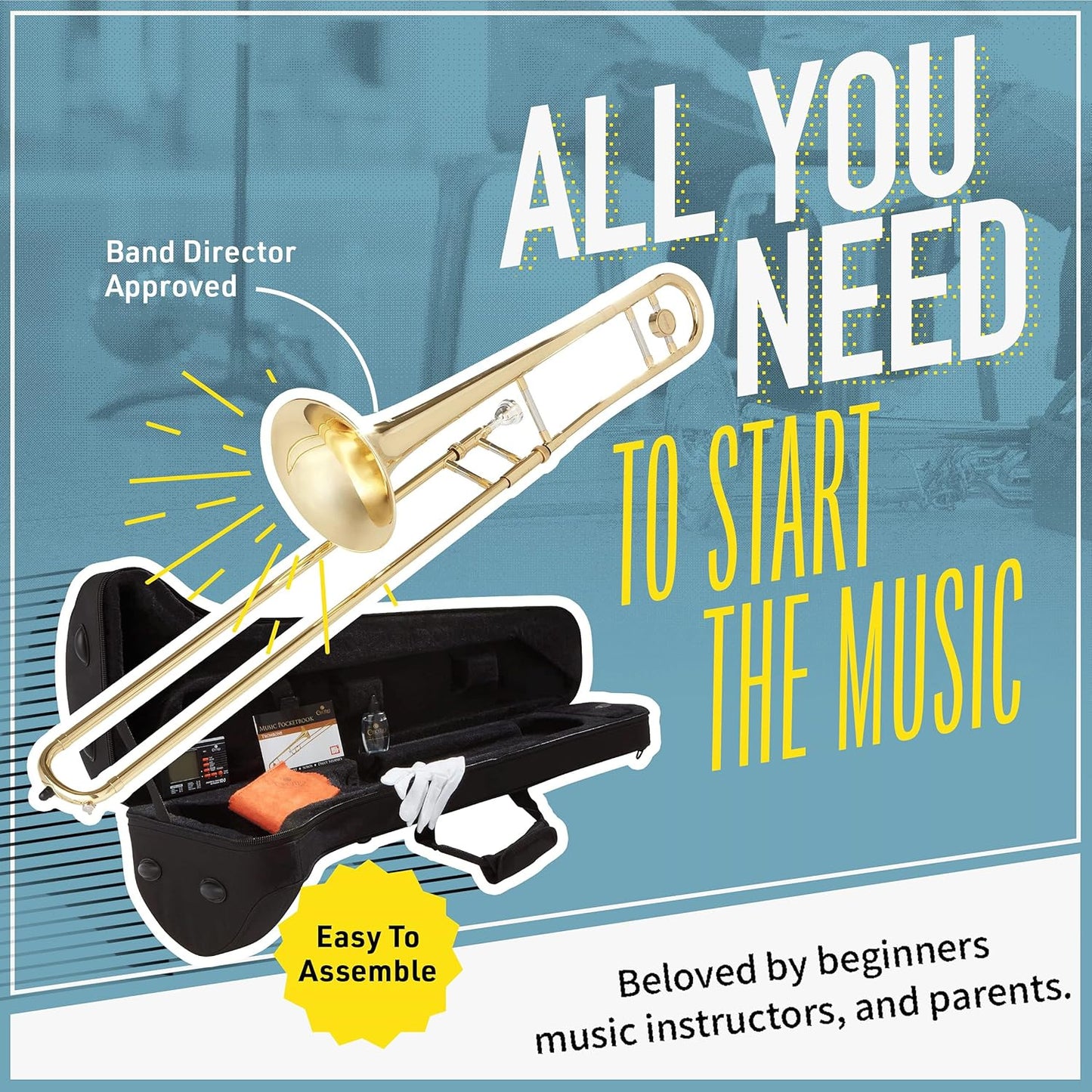 Mendini by Cecilio Trombone Kit, Bb Tenor Brass Instruments w/Case & Gloves (Like New, No Retail Box)