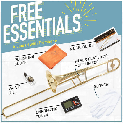 Mendini by Cecilio Trombone Kit, Bb Tenor Brass Instruments w/Case & Gloves (Like New, No Retail Box)