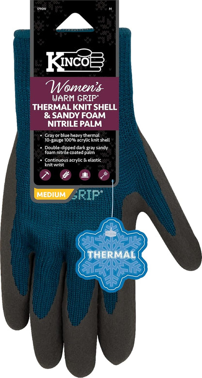 KINCO 1790W-S Women's Warm Grip Thermal Latex Coated Gloves, Small, Blue/Gray (Like New)