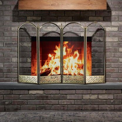UniFlame 4 Panel Brass Fireplace Screen with Decorative Filigree, Polished Brass (Like New)