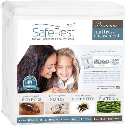 SafeRest SYNCHKG018969 Zippered Mattress Protector, Full, 6-9 Inch Deep - White- (Like New)