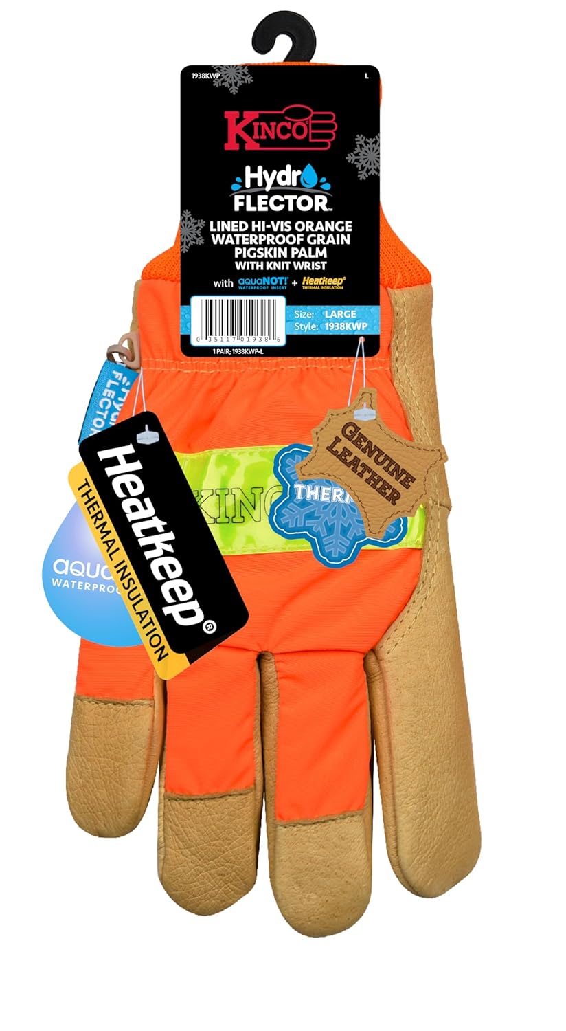 Kinco HydroFlector Pigskin Wrist Waterproof Glove, Orange - Large (Pack of 1) (Like New)