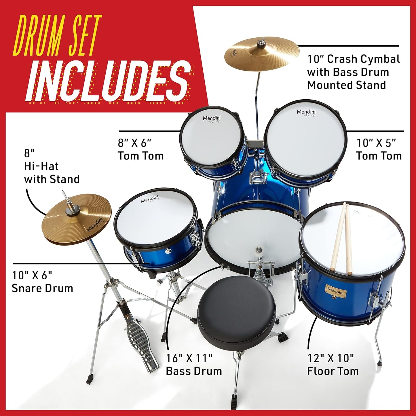 Mendini by Cecilio 5 Piece 16 Inch Junior Drums Kit - Blue Metallic- (Like New)